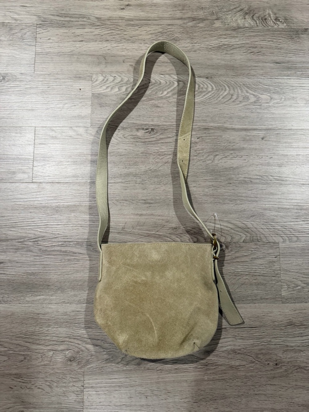 Margot New York Kaye Mini Bucket Bag Suede Bucket Crossbody Bag in Beige